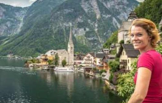 Iconic Hallstatt church with mountain backdrop in the Austrian Alps